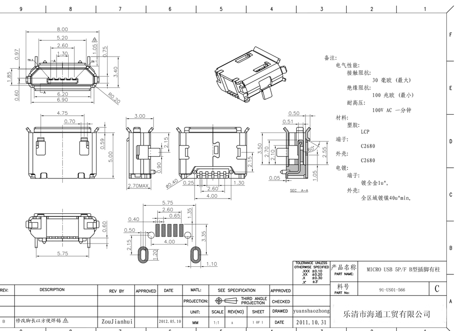 MICRO USB 5PIN BTYPE SMD